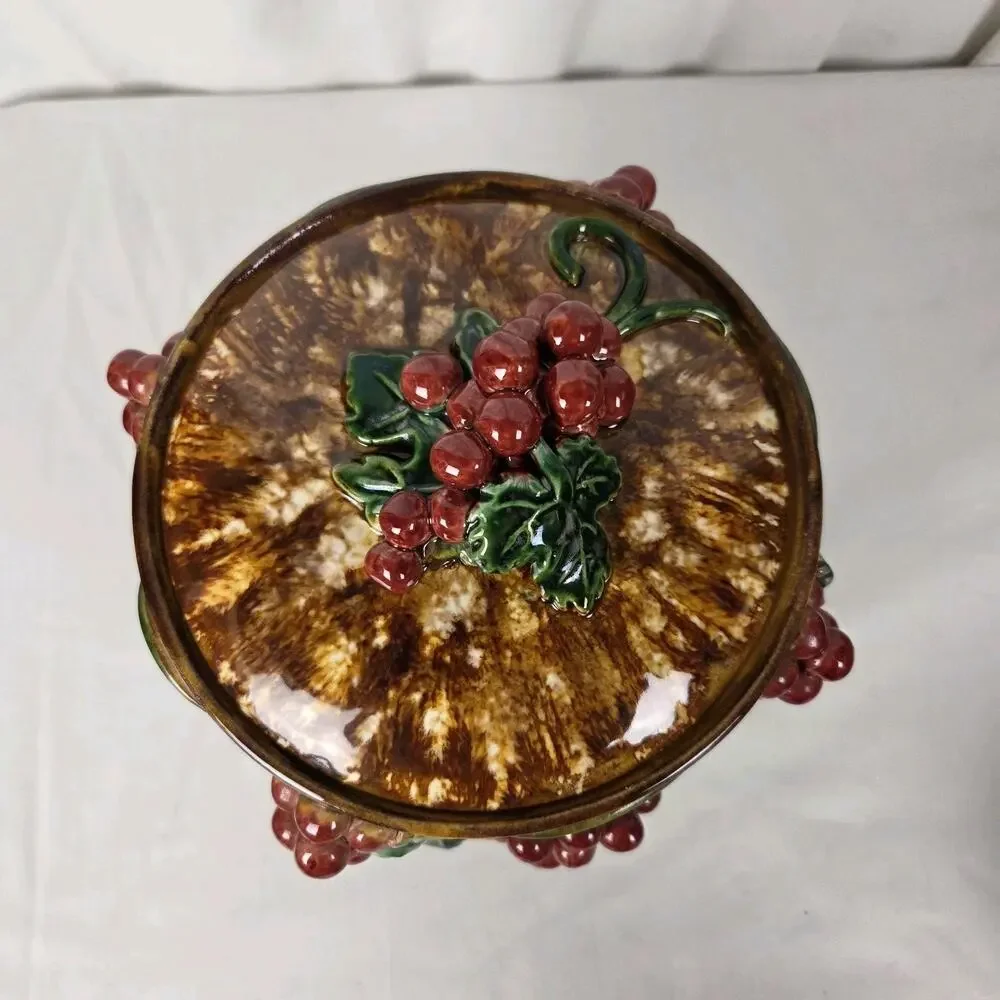 Vintage Austrian Majolica Biscuit Cookie Jar Ceramic 3D Grape Leaves Currants